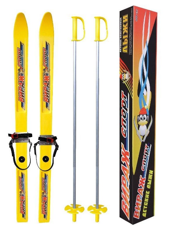 Лыжи Вираж спорт детские 100 см, с палками 75 см, пластик от магазина 2 колеса 34
