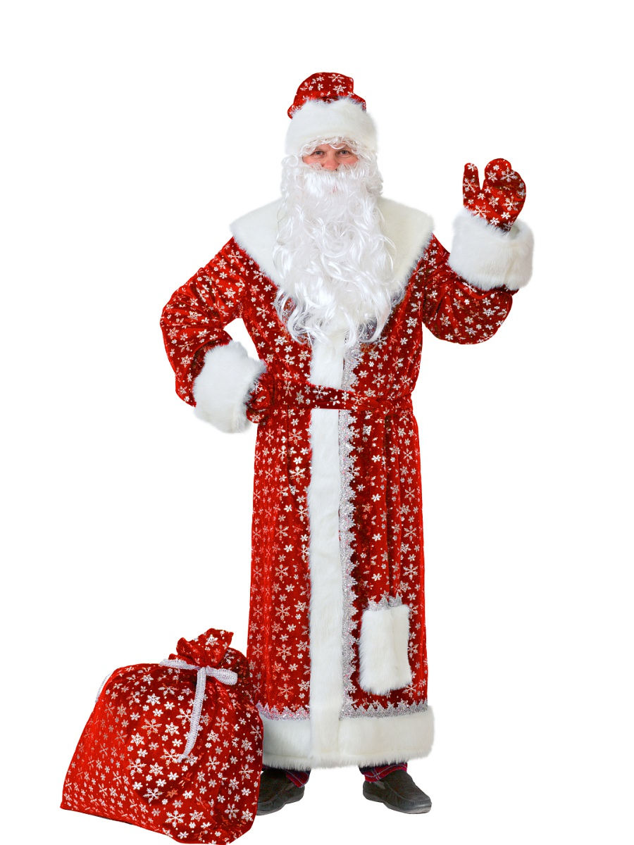 Костюм "Дед Мороз" (шуба, пояс, варежки, шапка, борода, мешок)